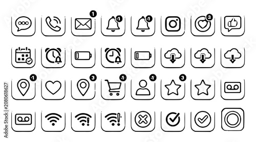 A comprehensive set of black outline digital interface icons, featuring communication, alerts, status, and utility symbols, many with prominent notification badges.