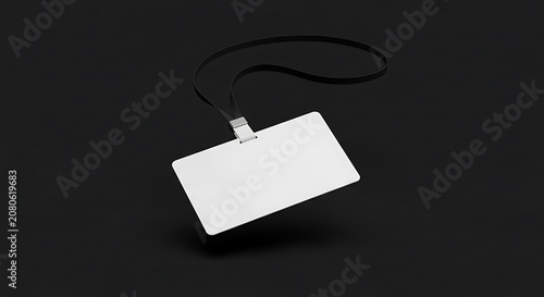 Floating white ID Card with lanyard on black background for mockup template