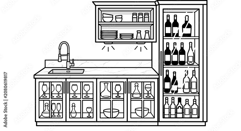 Fototapeta premium Kitchen cabinet with sink and wine rack illustration.