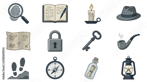 Vintage detective mystery objects collection.