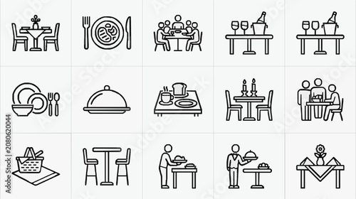Modern Black and White Line Icons Set Featuring Dining Restaurant and Food Service Illustrations