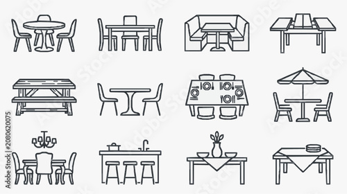 Sleek Minimalist Black and White Line Icons Set of Various Modern Dining and Office Furniture Arrangements