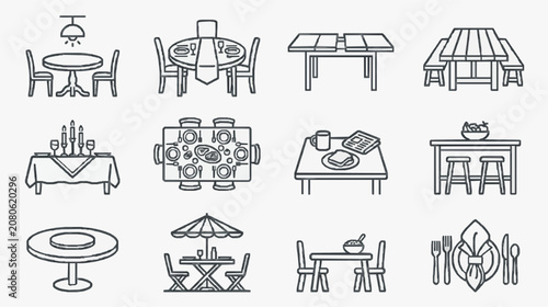 Professional Black and White Line Drawing Icons Set of Various Dining Tables and Food Service Arrangements