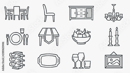 Creative Minimalist Black and White Line Icons Set Featuring Dining Kitchen and Decor Essentials
