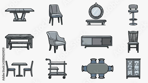 Sleek Modern Minimalist Furniture Icons Set in Monochrome Line Art Style for Interior Design Projects