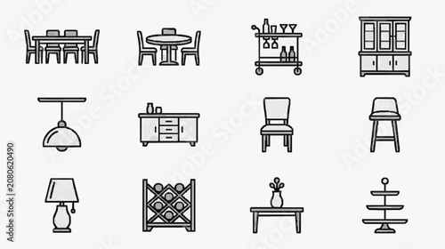 Clean Minimalist Black and White Line Drawing Icons of Modern Furniture and Home Decor Essentials