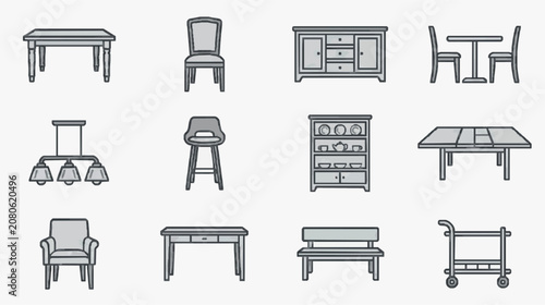 Dynamic Monochrome Line Drawing Set of Classic Furniture and Home Decor Items with high quality professional line art symbols for modern creative design and digital branding projects