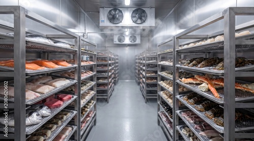 Premium Seafood Cold Storage Facility with Fresh Fish and Shellfish on Stainless Steel Racks
