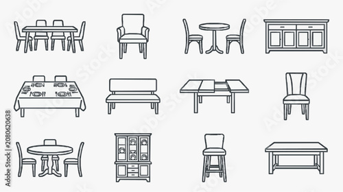 Sleek Minimalist Black and White Line Drawing Set of Modern Furniture and Dining Essentials with high quality professional line art symbols for modern creative design and digital branding projects