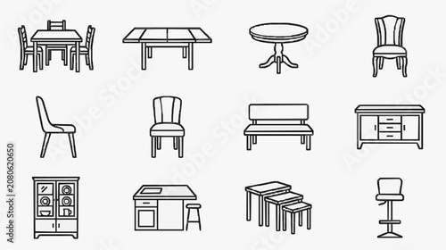 Clean Black and White Line Drawing Set of Modern Minimalist Furniture Icons Including Chairs Tables Benches Cabinets and Storage