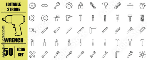 Tableau sur toile Set of 50 linear construction tools and hardware repair icons with construction
