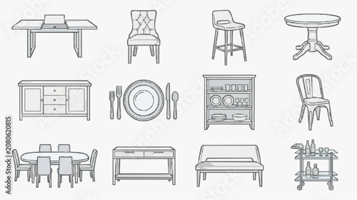 Elegant Minimalist Line Drawing Set of Dining and Kitchen Furniture and Utensils in Monochrome with high quality professional line art symbols for modern creative design and digital branding projects