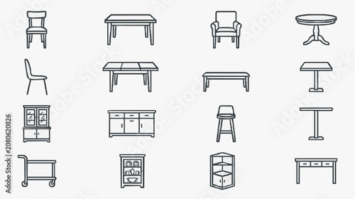 Elegant Minimalist Line Drawing Collection of Classic Furniture Pieces in Monochromatic Style with high quality professional line art symbols for modern creative design and digital branding projects
