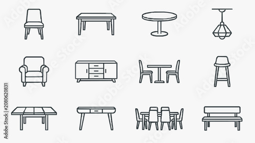 Dynamic Black and White Line Drawing Set of Modern and Classic Furniture and Lighting Icons with high quality professional line art symbols for modern creative design and digital branding projects