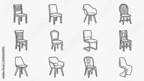 Minimalist Black and White Line Drawing Collection of 12 Unique Chair Designs for Interior Design Inspiration
