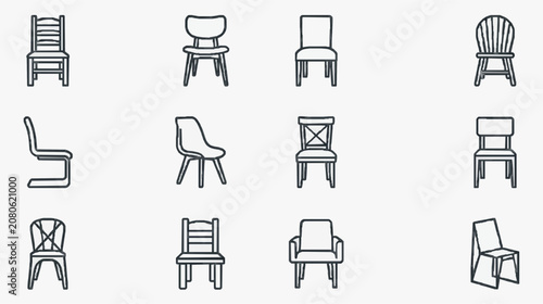 Industrial Black and White Line Drawing Set of Various Chair Designs and Styles for Furniture Catalogs or Design Projects