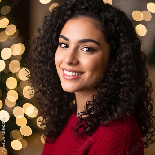 Smiling Young Woman with Curly Hair Posing Near Warm Holiday Lights