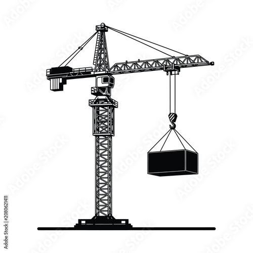 Konstfotografi Detailed black and white illustration of a tower crane lifting a heavy load, representing construction and industrial work