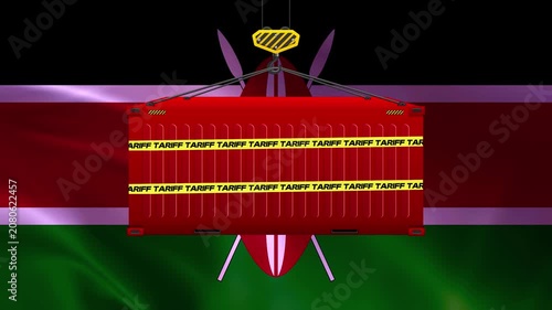 Kenyan Cargo Container Under Flag: A red cargo container, marked with yellow tape, is hoisted by a crane against the backdrop of the Kenyan flag.