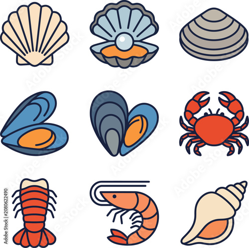 Seafood Icons Collection Flat Vector Illustration With Colorful Outlines