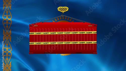 Kazakhstan Flag and Podium: A symbolic representation of Kazakhstan, featuring the national flag draped with a red and gold podium, adorned with Tariff tape, symbolizing trade and economic policies.