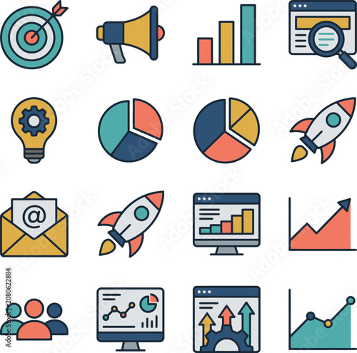 Collection Of Flat Vector Icons With Business And Technology Themes