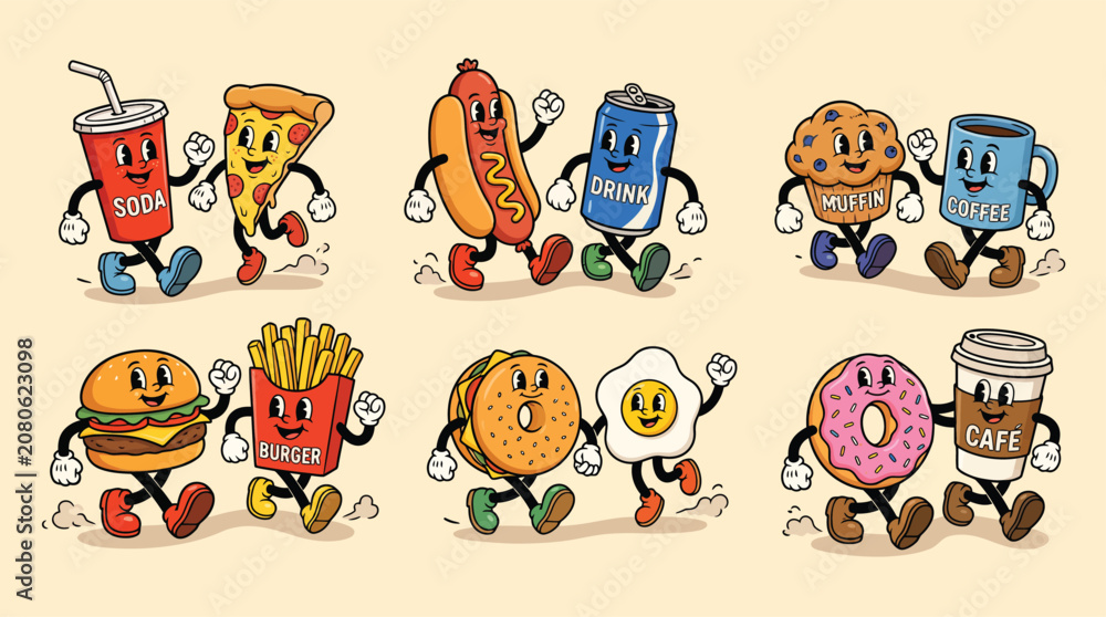 Fototapeta premium Vintage Cartoon Fast Food and Breakfast Pairs Sticker Vector Set