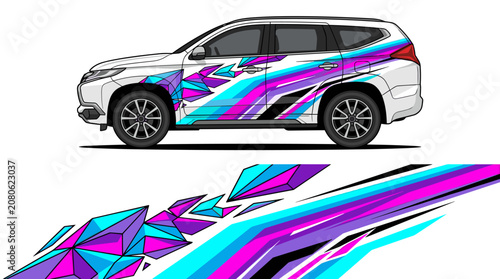 Abstract purple cyan geometric shard car vinyl wrap.