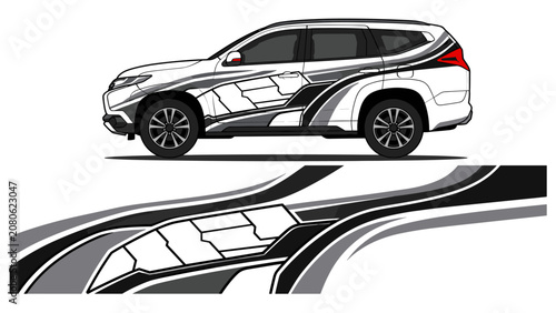 Black and grey camo racing stripe car wrap.