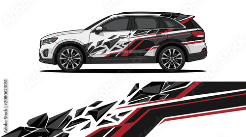Black and red fragmented geometric vinyl wrap design