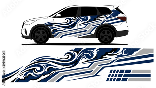 Blue abstract ocean wave pattern car wrap decal.