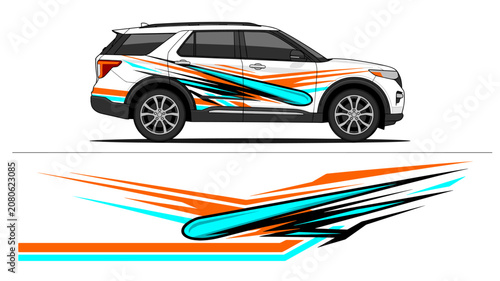 Blue and orange aerodynamic car wrap for SUV