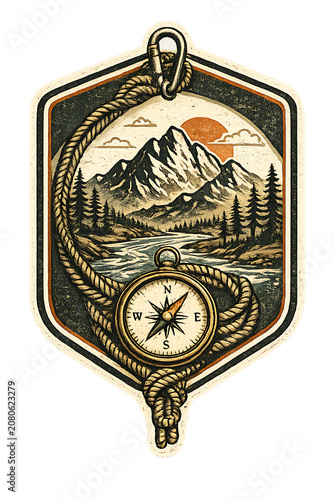 Vintage illustration of compass and mountain landscape scene in badge shape with mountain landscape adventure navigation exploration wilderness climbing trekking discovery direction outdoors