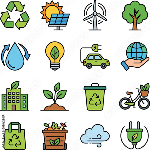 Eco Friendly Icons Set Colorful Vector Illustration On White Background