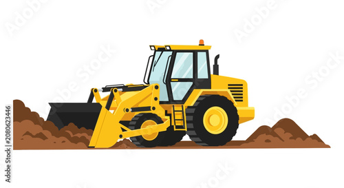 Yellow Front End Loader Bulldozer Illustration Digging Dirt on White Background
