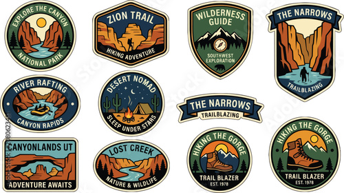 Collection of vintage outdoor adventure badges featuring national parks hiking rafting and camping scenes.
