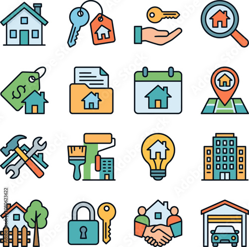 Real Estate Icons Colorful Vector Illustration Set