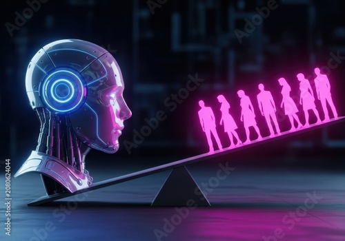 A robotic head balancing on a seesaw against a line of glowing human figures