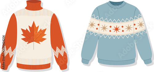 Fotografía Cozy autumn and winter knitted sweaters vector illustration featuring maple leaf