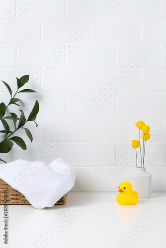 Minimalist organic skincare mockup scene in bright bathroom interior. Clean aesthetic template with copy space for wellness, beauty products, or body care brands.