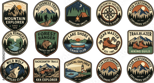 Vintage outdoor adventure badges collection featuring nature exploration and wilderness activities designs.