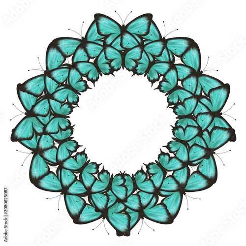 Round butterfly frame with vibrant turquoise butterflies arranged in an elegant wreath. Decorative border isolated on white, ideal for invitations, greeting cards, wedding designs and branding