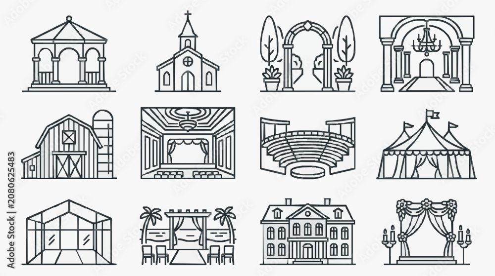 Obraz premium Elegant Black and White Line Art Illustrations of Various Wedding Venues and Ceremony Settings with high quality professional line art symbols for modern creative design and digital branding projects