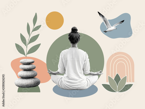 Minimal wellness collage with meditating woman, balance stones, lotus, bird, botanical elements and abstract shapes. Modern mindfulness, meditation, self care and zen lifestyle concept.