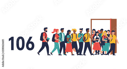 Diverse group of students lining up to enter an open doorway, illustration