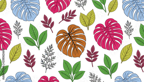 Tableau sur toile Colorful Tropical Leaves Seamless Pattern Background Flat Botanical Vector Desig