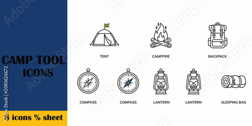 Bild auf Leinwand Camping and Outdoor Adventure Icon Set: Black Line Vectors for Camp Tools, Hikin