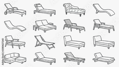Professional Black and White Line Drawing Collection of 16 Varied Lounge Chairs and Daybeds for Design Inspiration