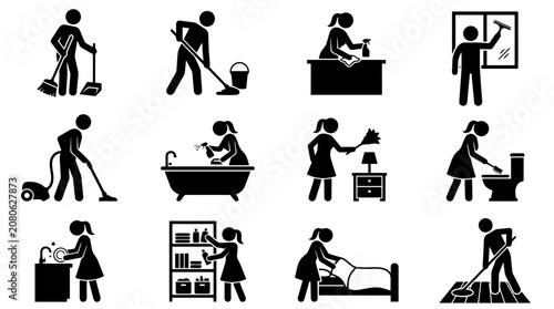 Black silhouette icons of people doing household chores and daily activities.
