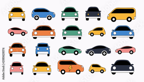 Tableau sur toile Modern crossover SUV icons featuring red and blue color variations in dimetric vector style